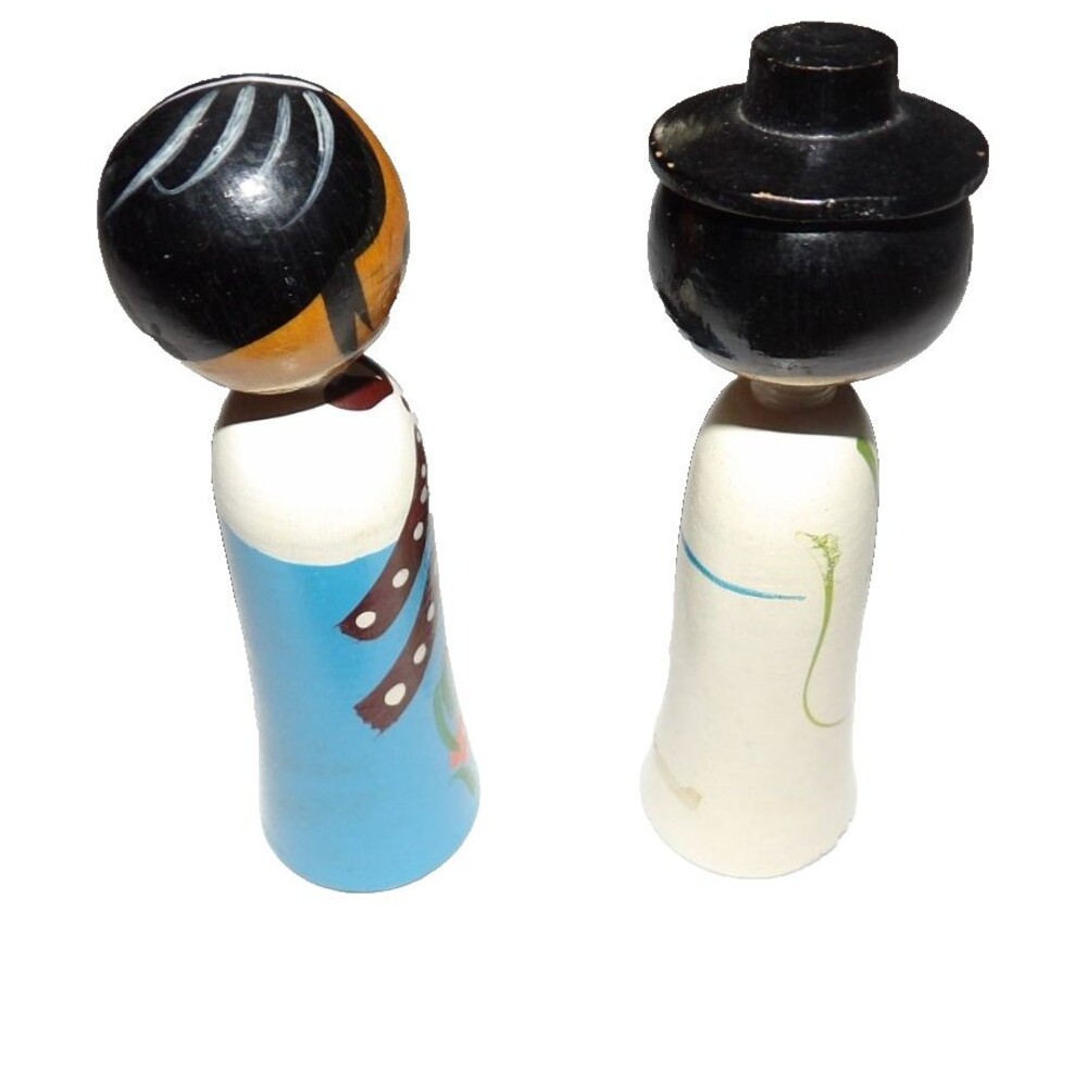 Korean Wooden Kokeshi Dolls Wedding Bride Groom Bobble Head Vintage Blue White - Picture 2 of 8